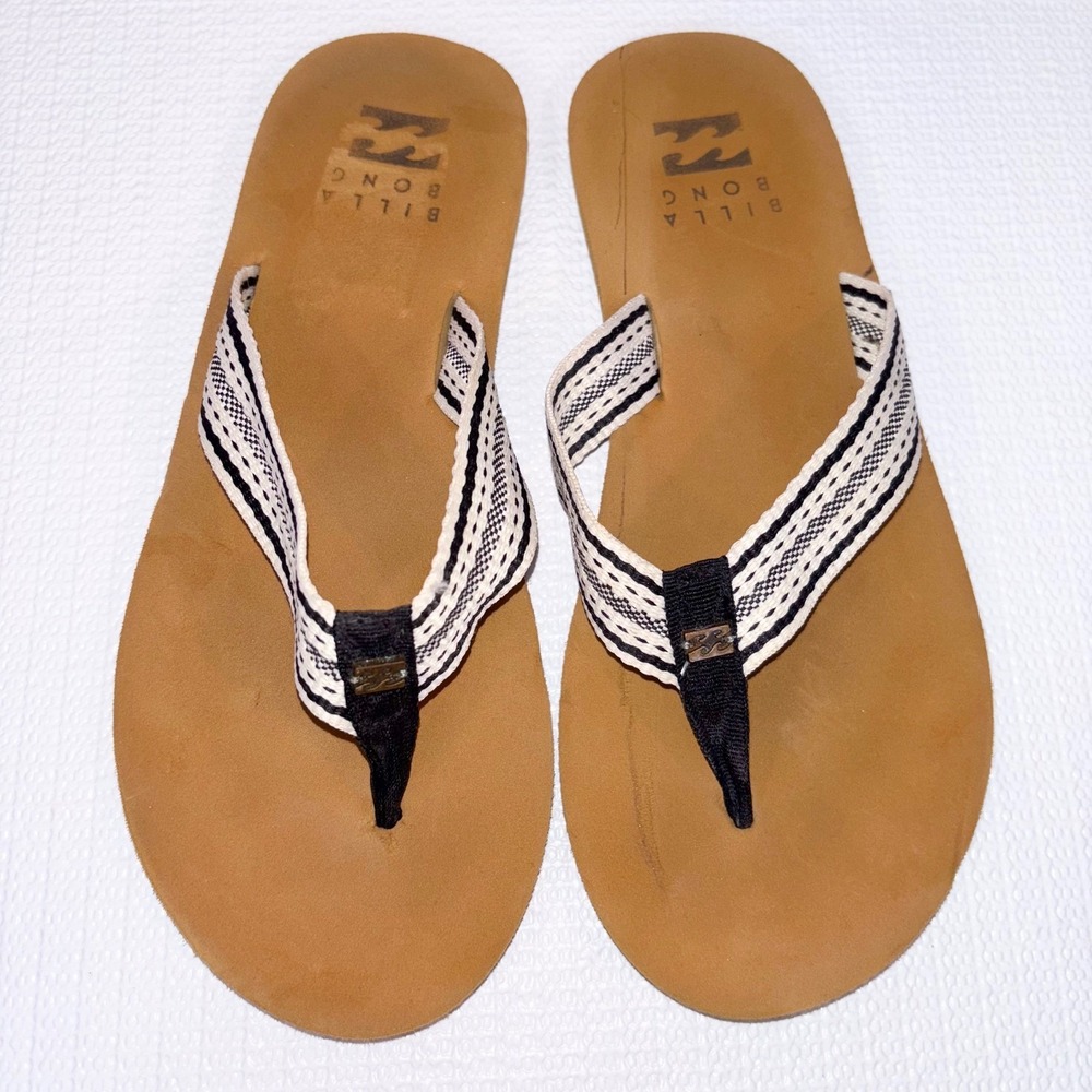 Billabong Women's Flip Flops Size 8 Sandals Beige‎ White Black Woven Straps